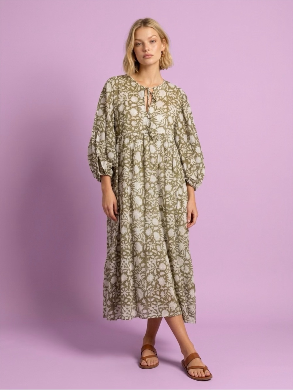 Hand Block Printed Olive Floral Tiered Maxi Dress - Unbranded
